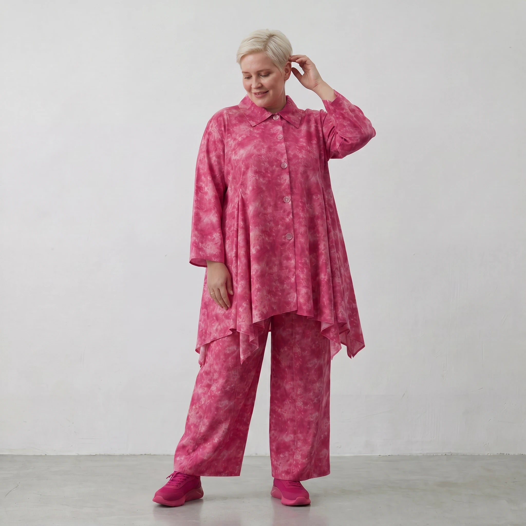 Lässig ausgestellte Glockenform Bluse aus feiner Popeline Baumwolle für ausgefallenen Lagenlook, Fuchsia