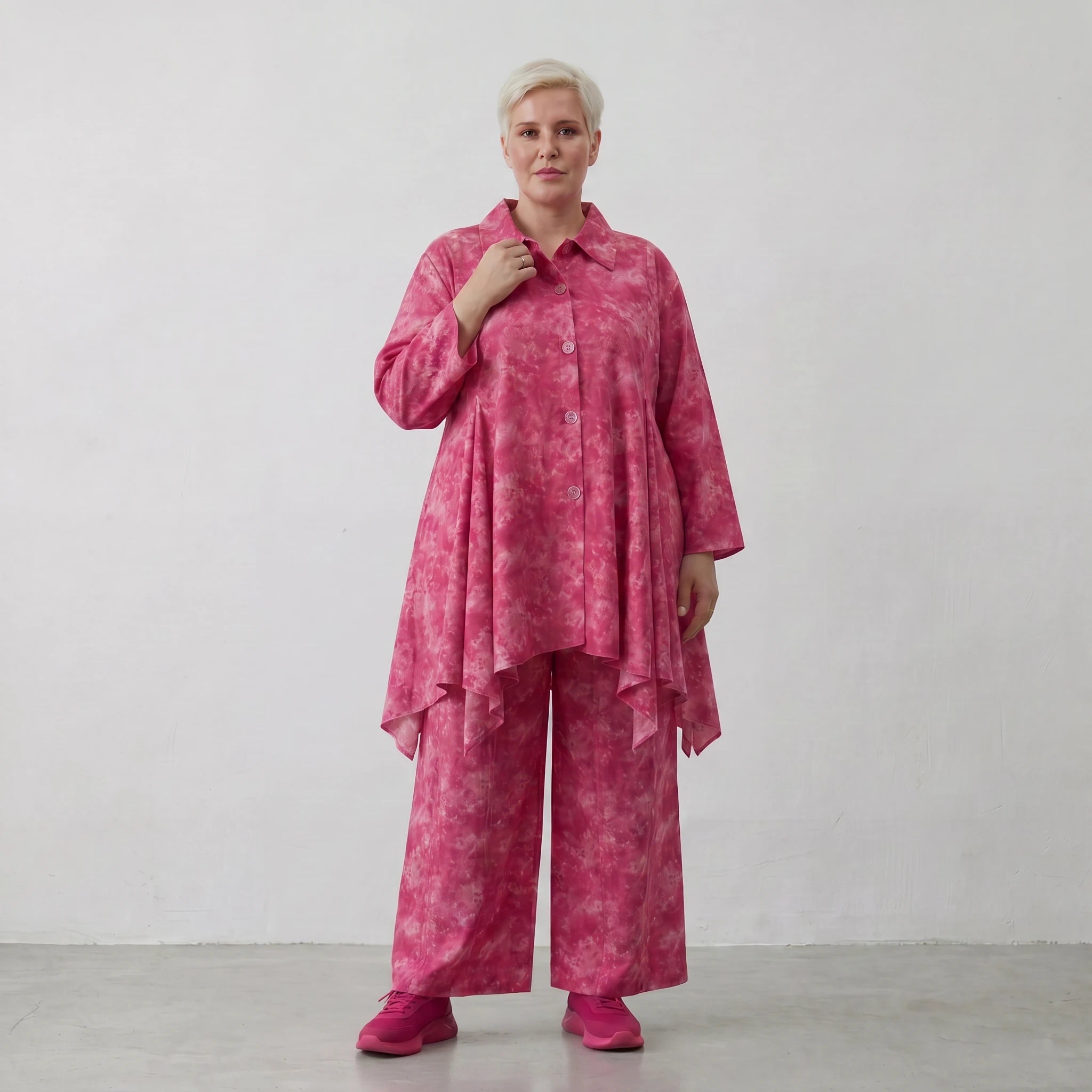 Lässig ausgestellte Glockenform Bluse aus feiner Popeline Baumwolle für ausgefallenen Lagenlook, Fuchsia