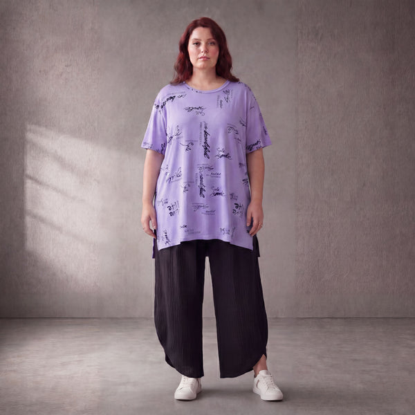 Damen Shirt Lagenlook Baumwolle Flieder, A-Form, Kurzarm, Seitenschlitze, Oversize große Größen – Funky Diva