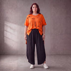 Damen Shirt Lagenlook Baumwolle Orange/Schwarz, A-Form, Kurzarm, Seitenschlitze, Oversize große Größen – Funky Diva