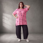 Damen Shirt Lagenlook Baumwolle Rosa/Schwarz, A-Form, Kurzarm, Seitenschlitze, Oversize große Größen – Funky Diva