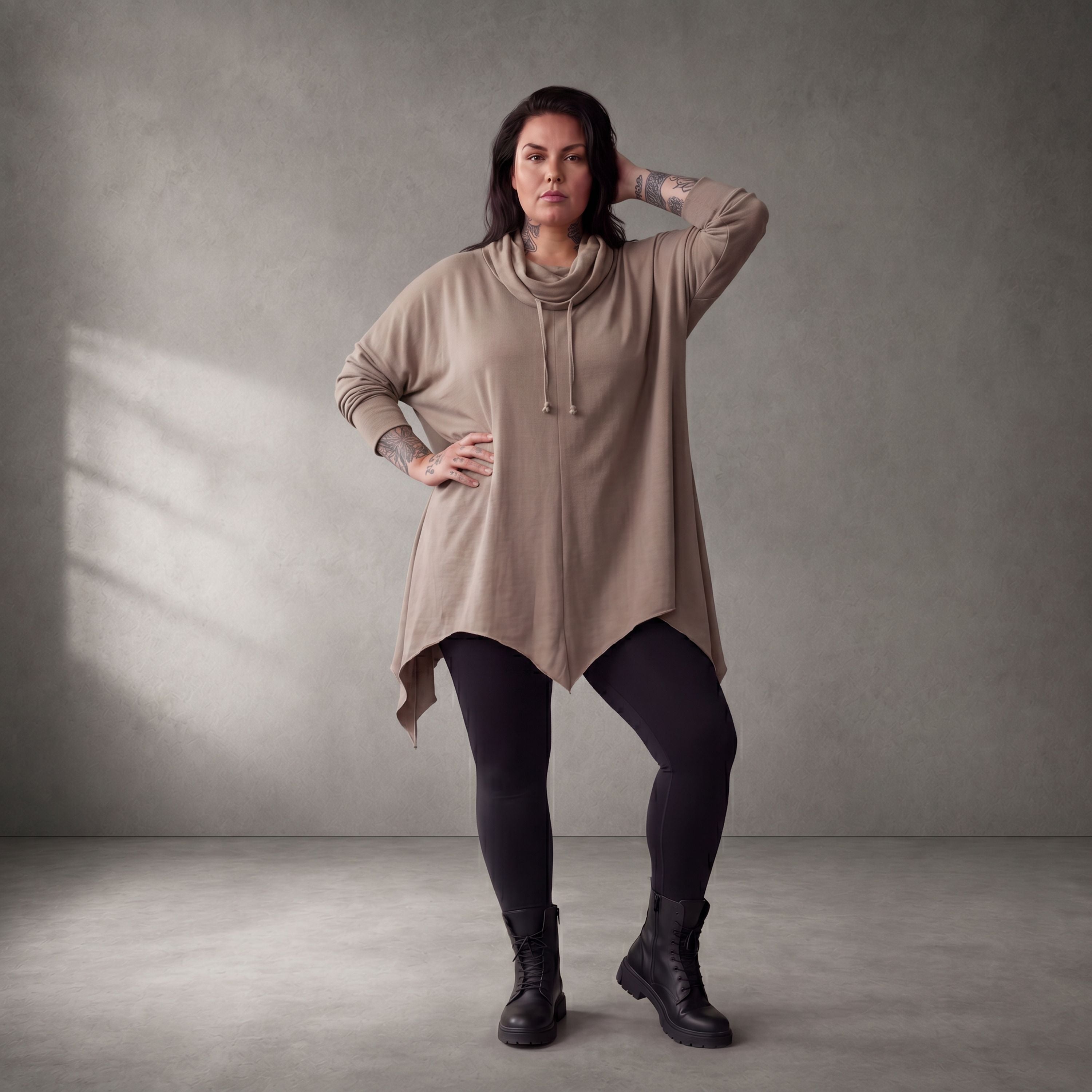 Damen Shirt Lagenlook Baumwolle Beige, A-Linie, Rollkragen, Oversize große Größen – Funky Diva