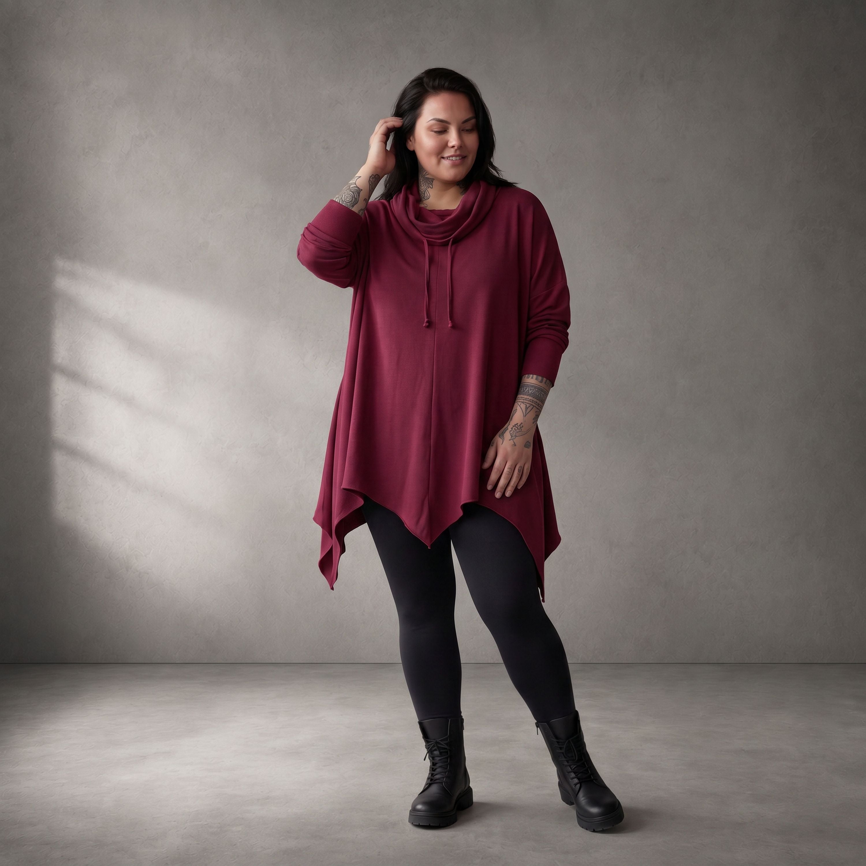Damen Shirt Lagenlook Baumwolle Bordeaux, Rollkragen, Oversize große Größen – Funky Diva