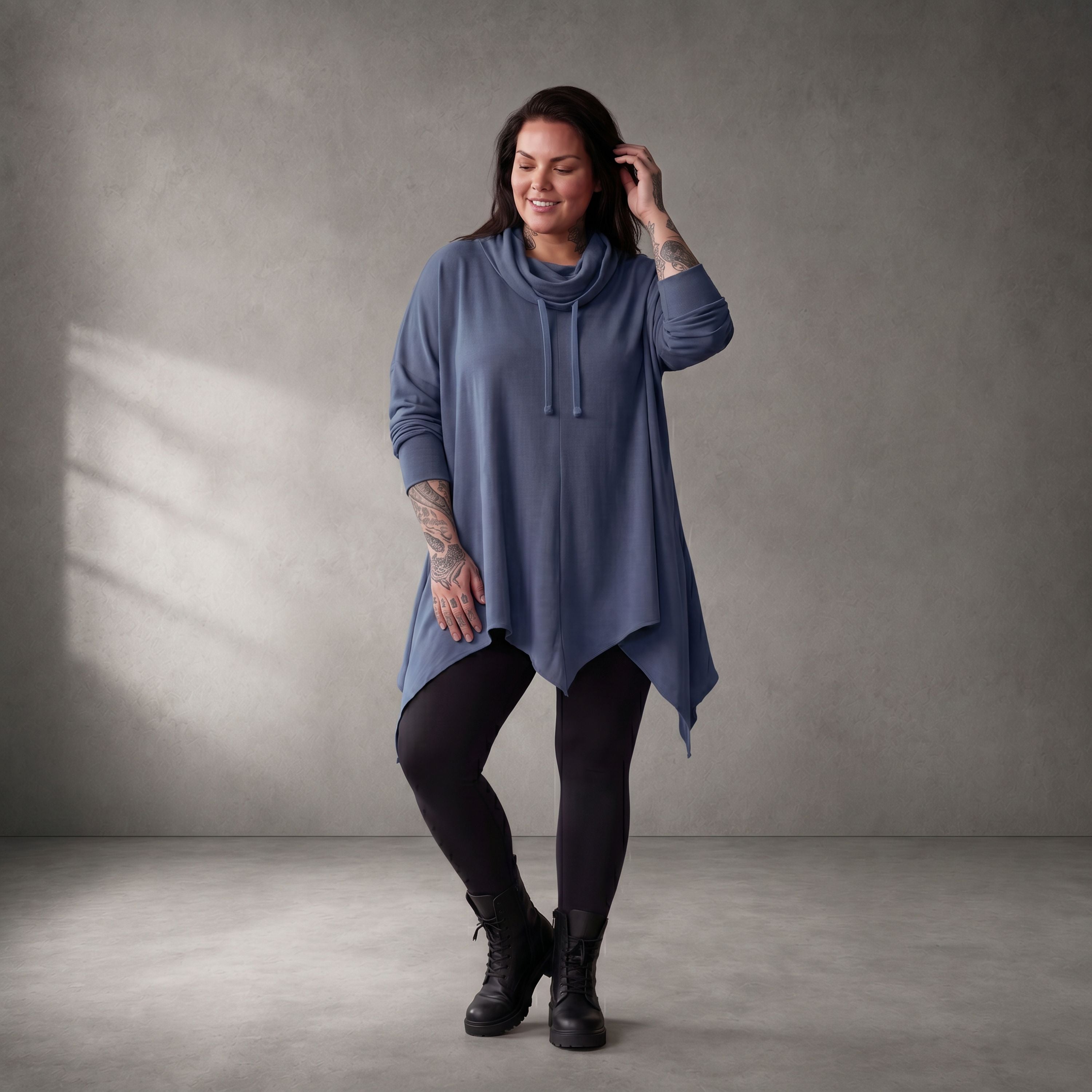Damen Shirt Lagenlook Baumwolle Jeansblau, Rollkragen, Oversize große Größen – Funky Diva