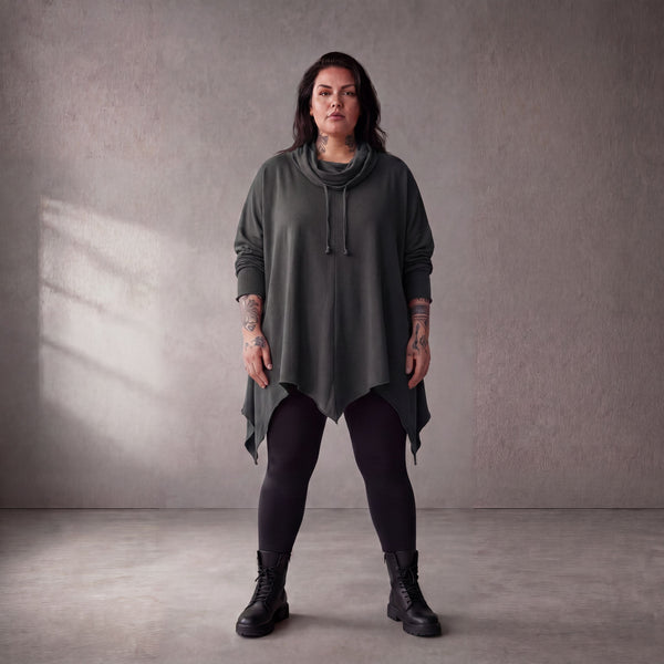 Damen Shirt Lagenlook Baumwolle Anthrazit, A-Linie, 7/8-Arm, Rollkragen, Oversize große Größen – Funky Diva