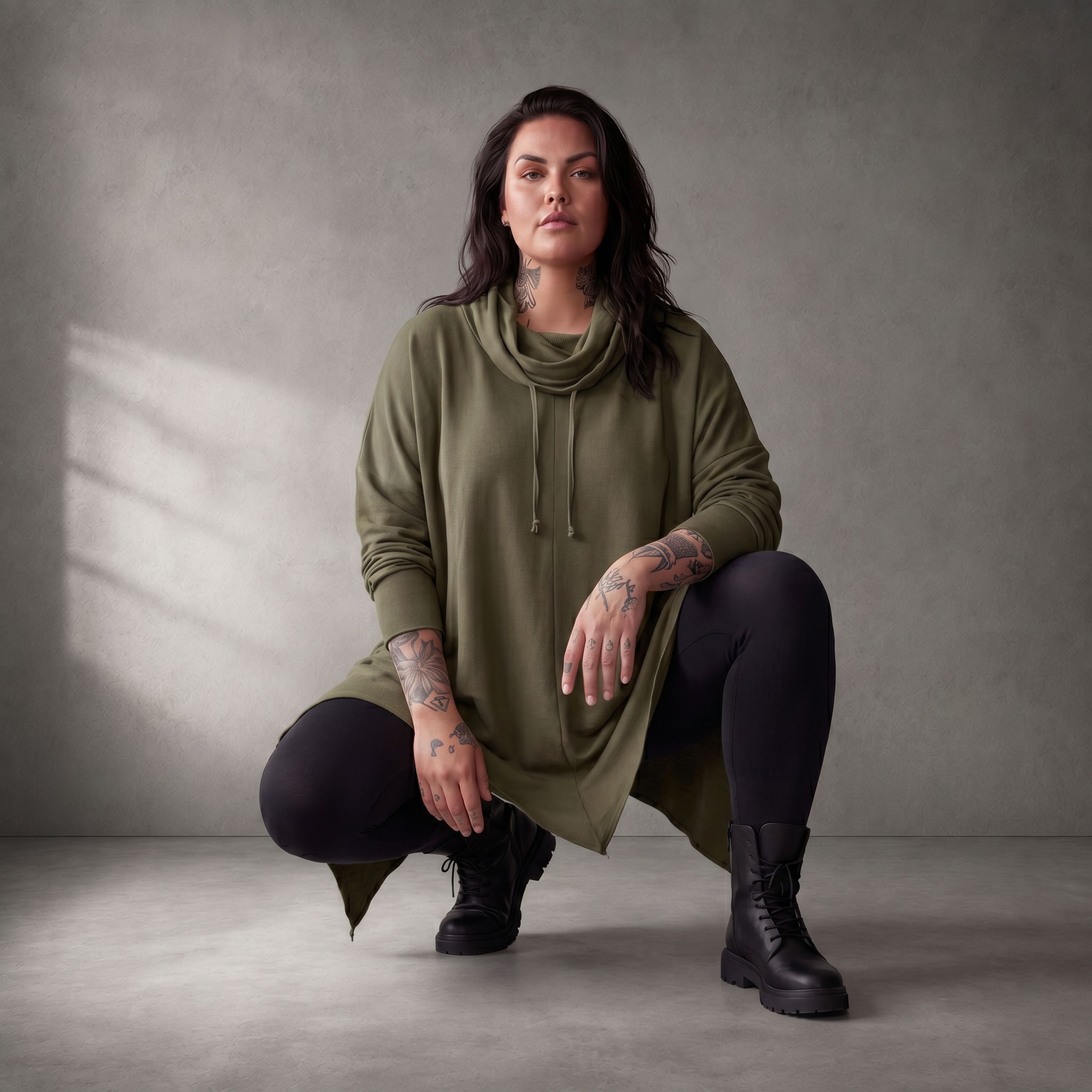 Damen Shirt Lagenlook Baumwolle Khaki, A-Linie, Rollkragen, Oversize große Größen – Funky Diva