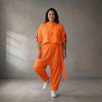 Damen Hose Lagenlook NeonOrange, schmaler Schnitt, Knopfleiste, Oversize große Größen – Funky Diva