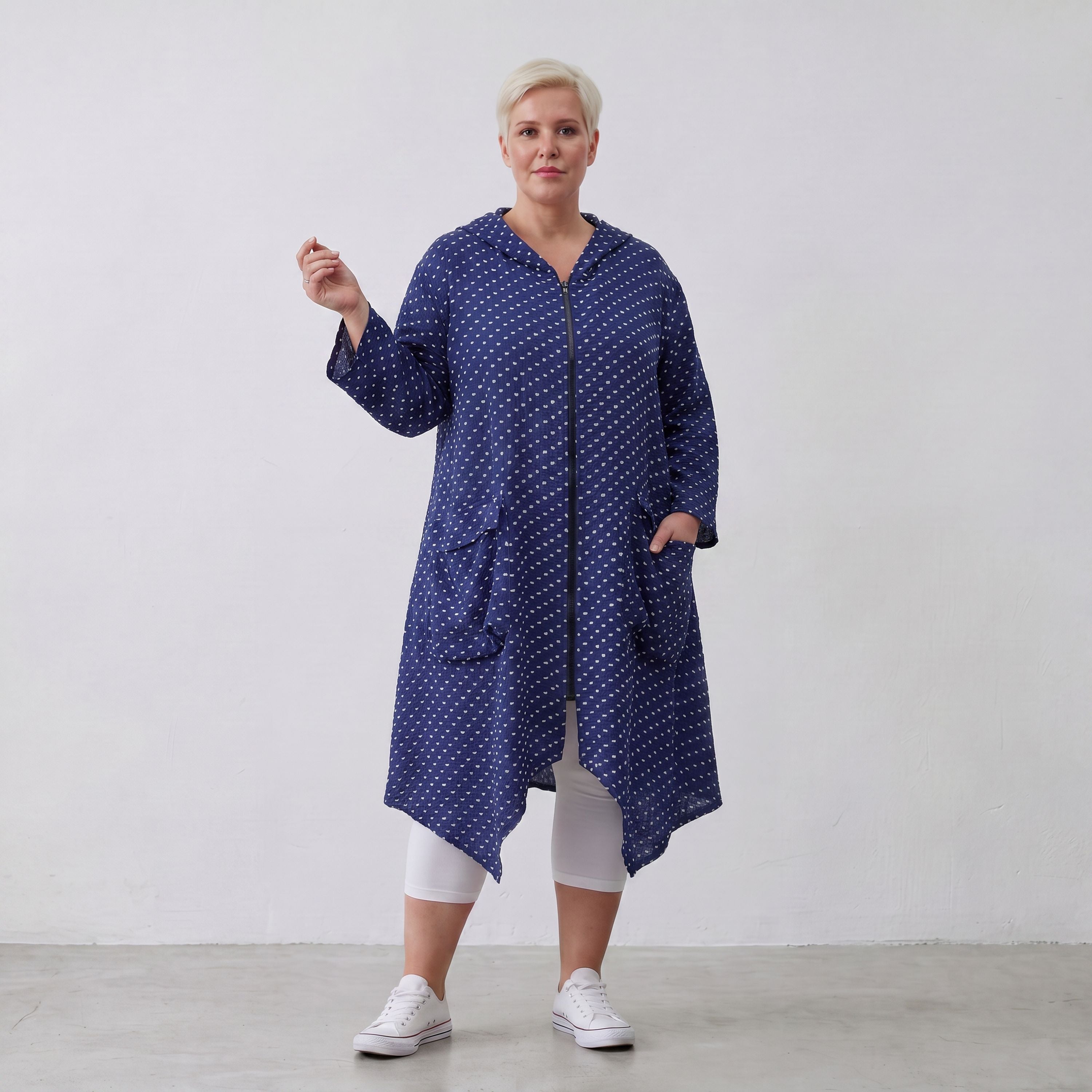 Zeitloser Oversize Lagenlook Mantel in DunkelblauWeiß Karo leger edel sommerlich weich