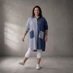 Zeitlose Oversize Popelinebluse in Blau Weiss legerer Lagenlook mit Hemdkragen neu luftig