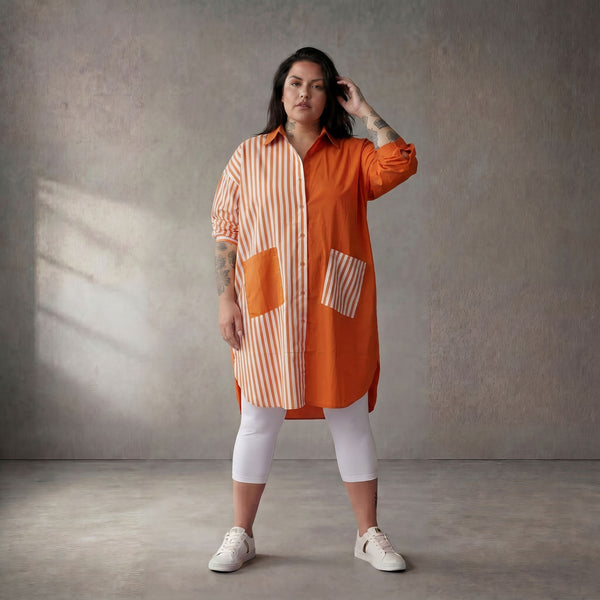 Leichte Popelinebluse in Orange/Weiß Oversize Look leger zeitlos mit Hemdkragen modern