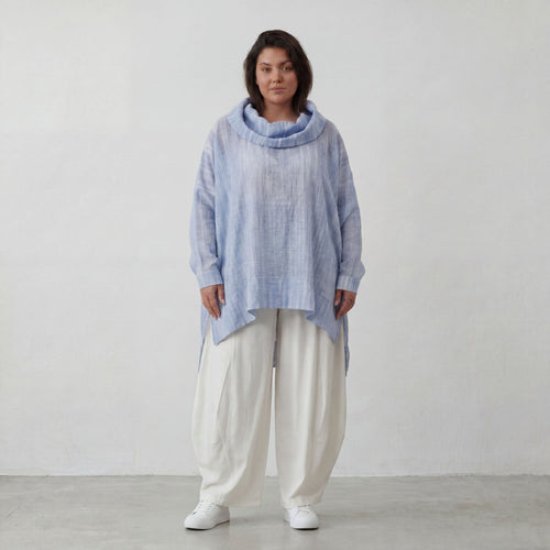 Leichtes Lagenlook Shirt in Jeansblau Weiß mit Crashoptik Oversize asymmetrischem Saum