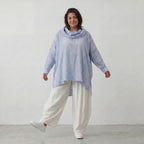 Leichtes Lagenlook Shirt in Jeansblau Weiß mit Crashoptik Oversize asymmetrischem Saum