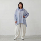 Leichtes Lagenlook Shirt in Jeansblau Weiß mit Crashoptik Oversize asymmetrischem Saum