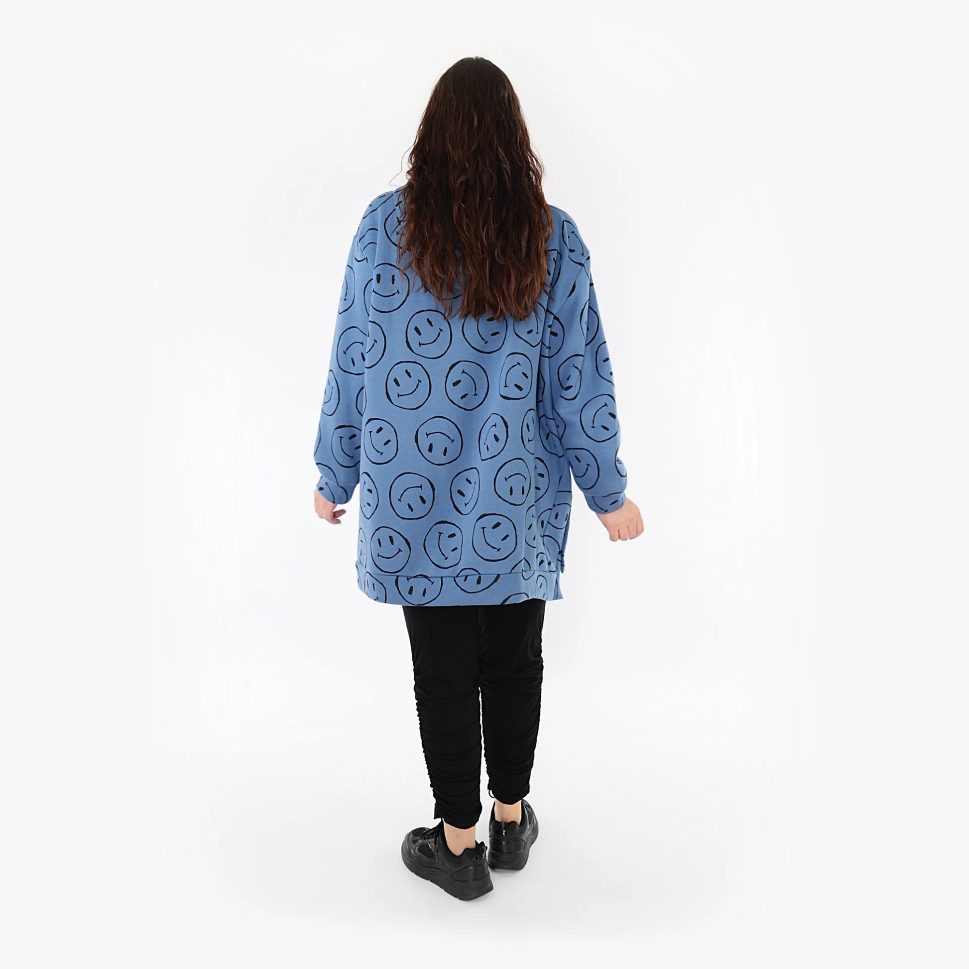  Lässiges Oversize-Shirt in Jeansblau-Schwarz aus hochwertigem Baumwoll-Fleece mit Kapuze und Knöpfen