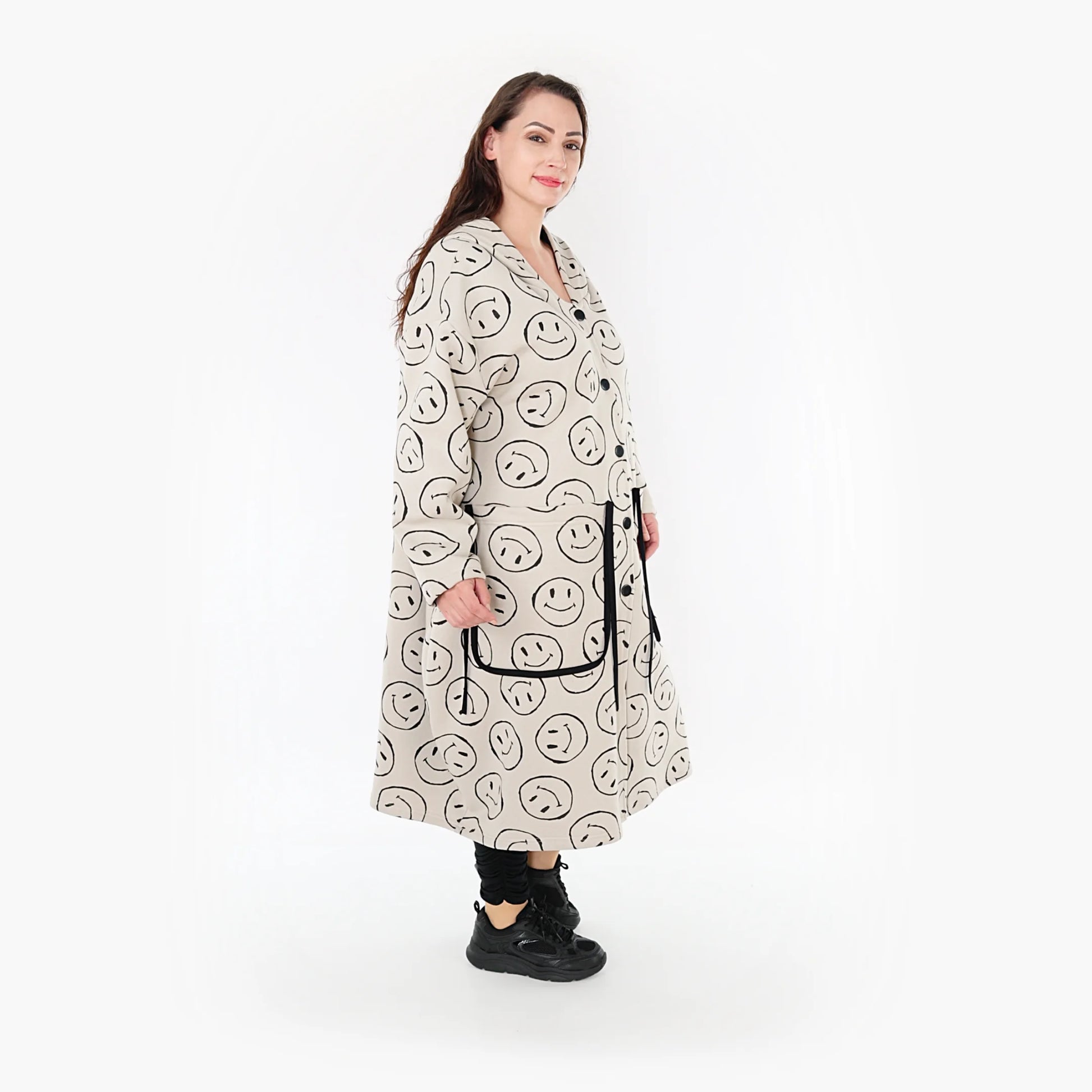  Beige-schwarzer Ballonmantel aus weichem Fleece mit praktischen Taschen im Oversize-Look für Plus-Size