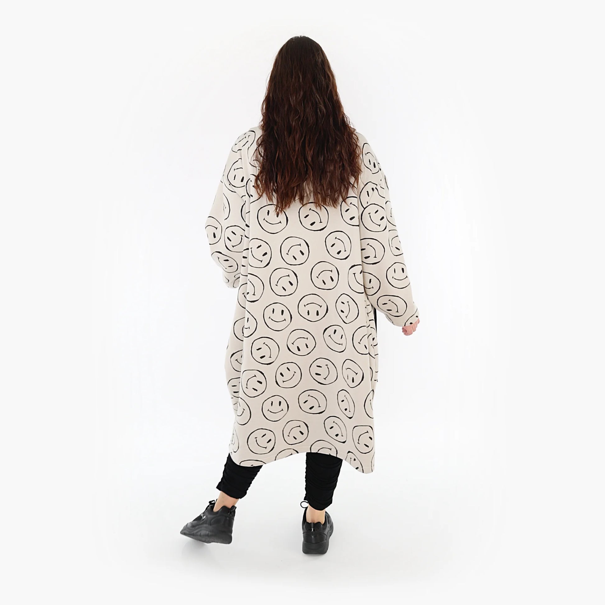  Beige-schwarzer Ballonmantel aus weichem Fleece mit praktischen Taschen im Oversize-Look für Plus-Size