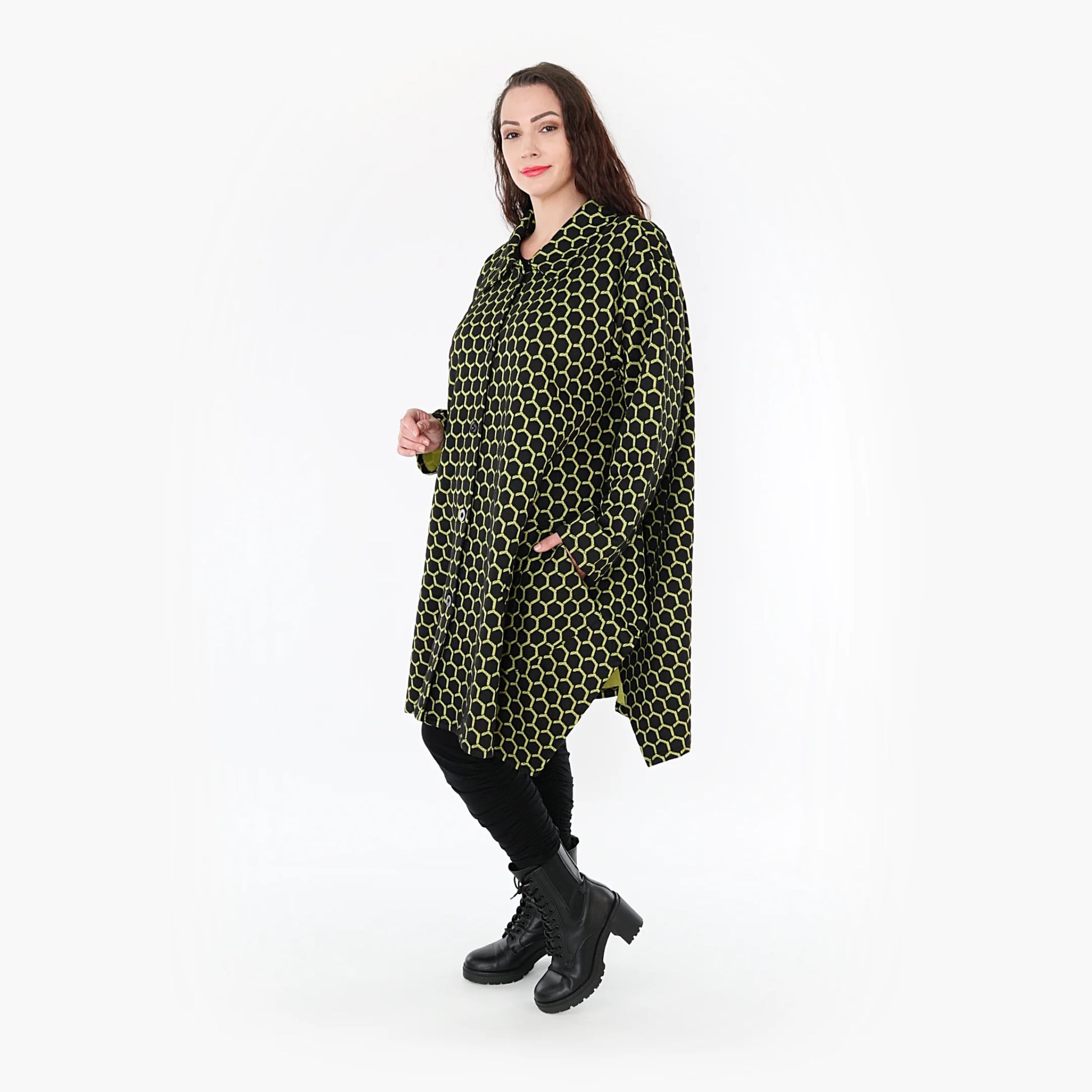  Ballonjacke im modernen Lagenlook mit trendigem Lime-Rautenmuster für Plus Size Fashion