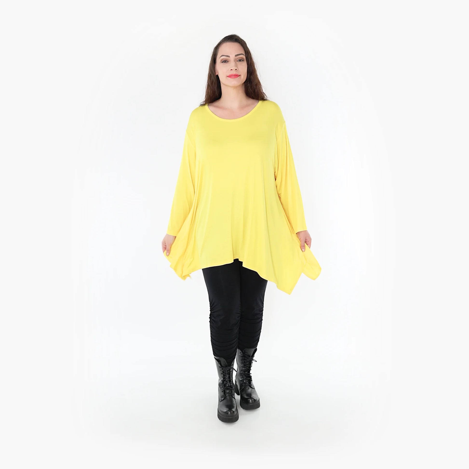  A-Form Shirt in strahlendem Gelb mit lässigem Rundhalsausschnitt und praktischen Taschen für Plus Size