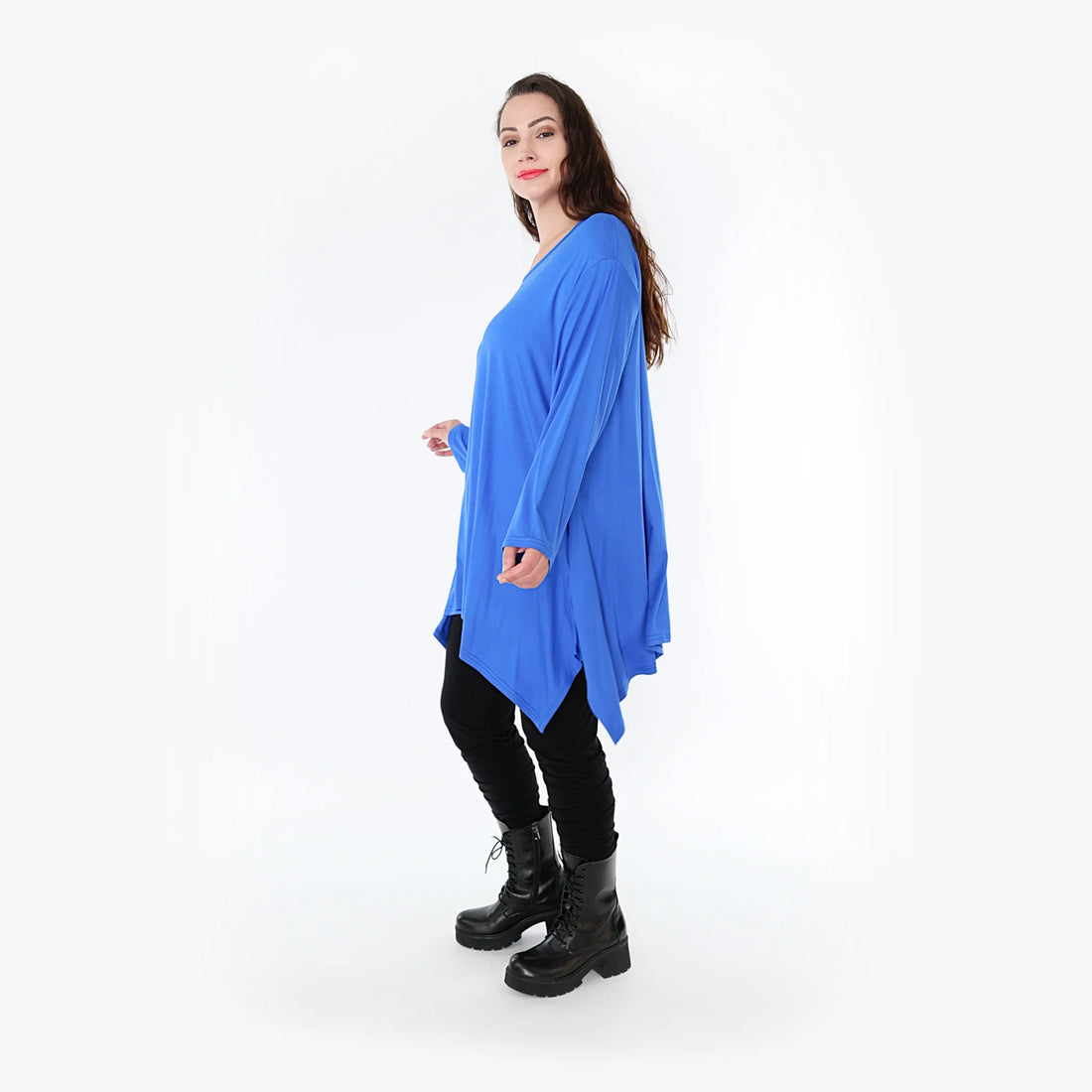  A-Form Shirt in royalblau mit Rundhalsausschnitt und praktischen Taschen für Plus Size Mode