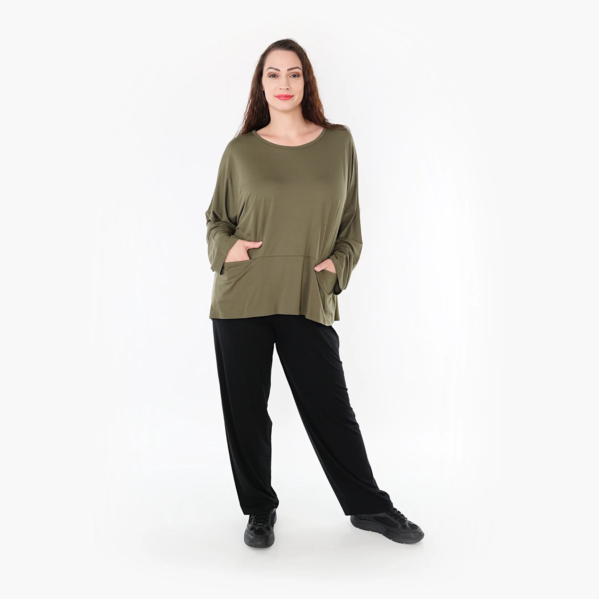  Modisches kastiges Shirt in elegantem Olive mit nahtlosen Taschen und lässigem Oversize-Schnitt