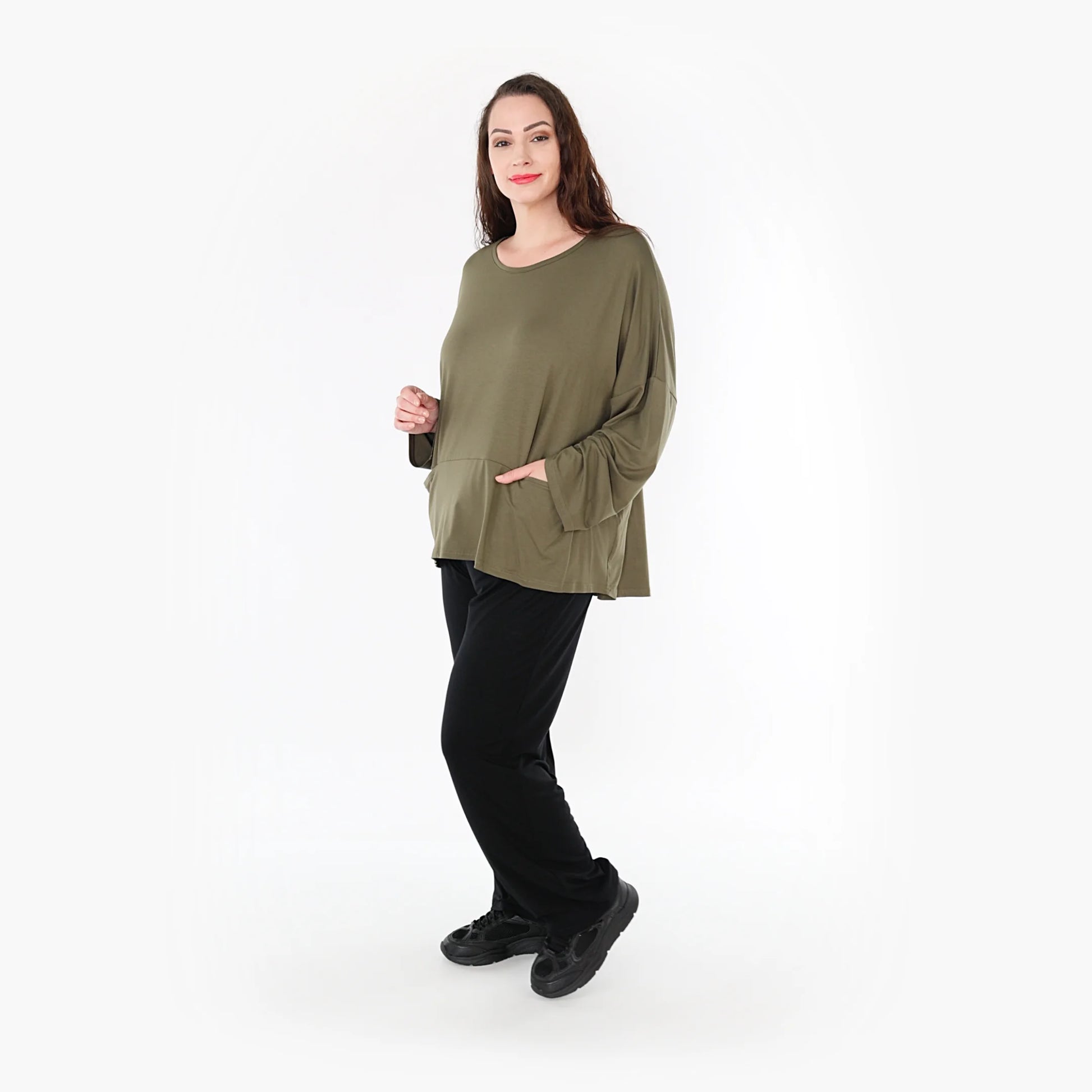  Modisches kastiges Shirt in elegantem Olive mit nahtlosen Taschen und lässigem Oversize-Schnitt