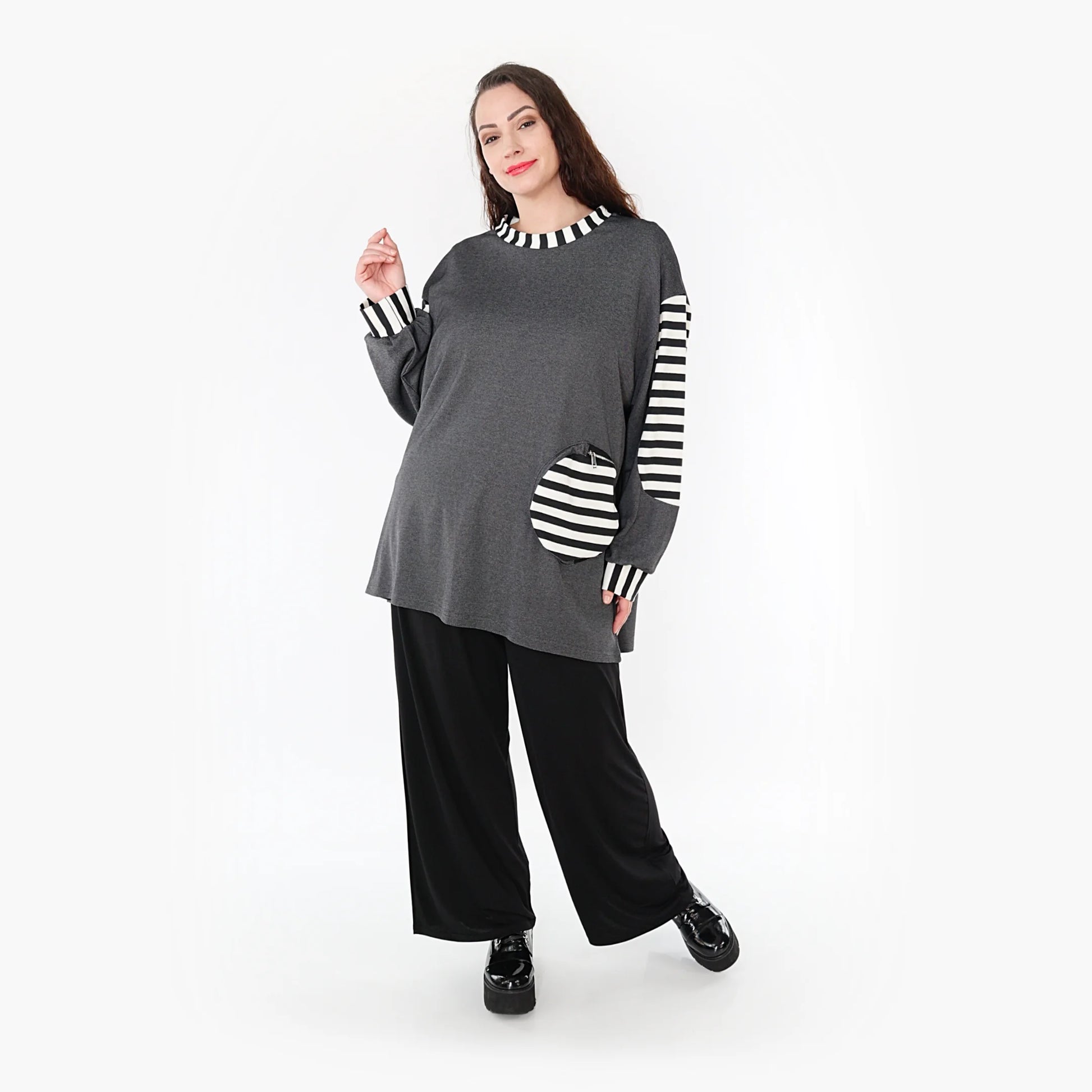  A-Form Bigshirt von AKH Fashion aus Viskose, 1366.06987, Grau-Weiß, Unifarben, Ausgefallen