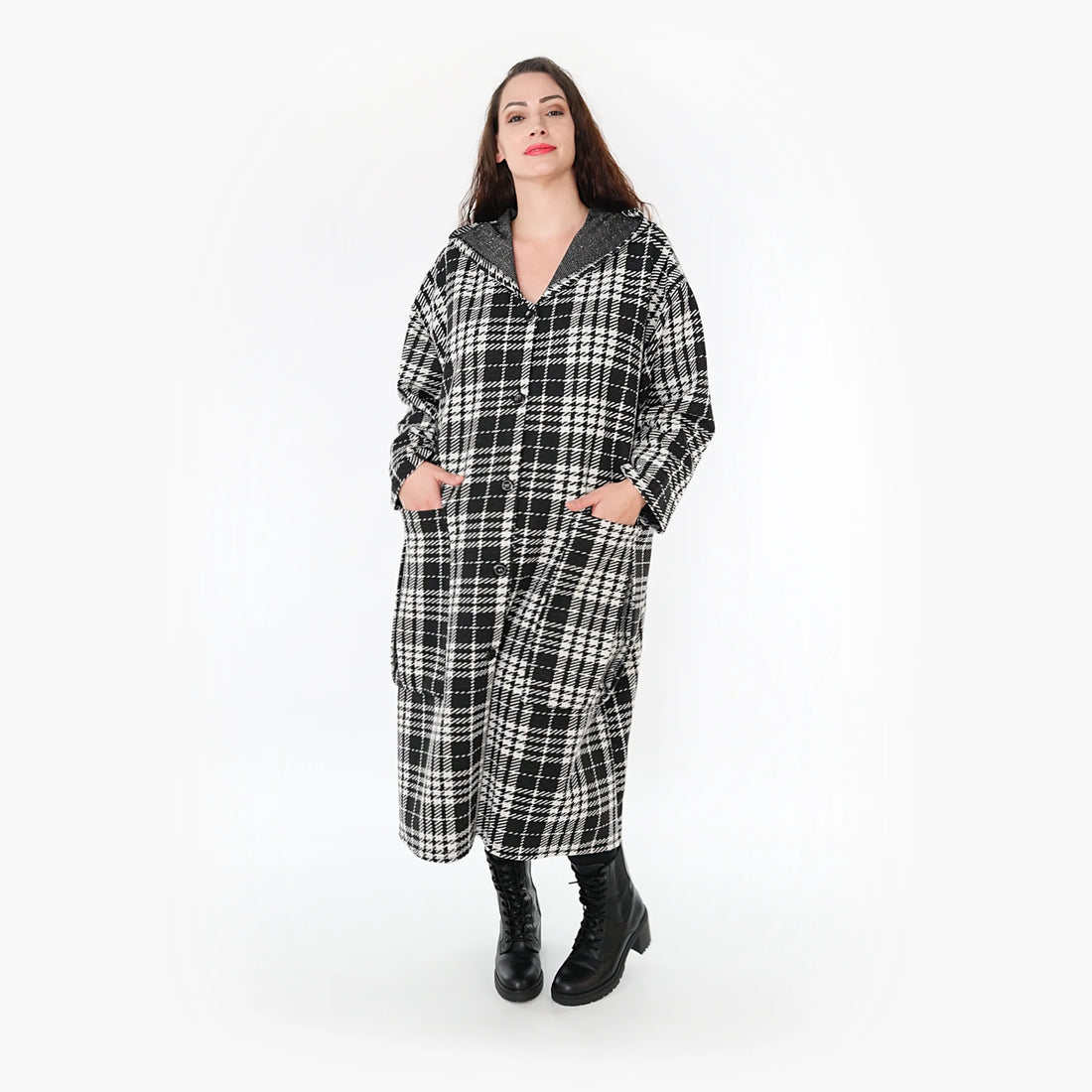  A-Form Mantel in klassischem Schwarz-Weiß mit Kapuze und Taschen für modebewusste Plus Size Damen