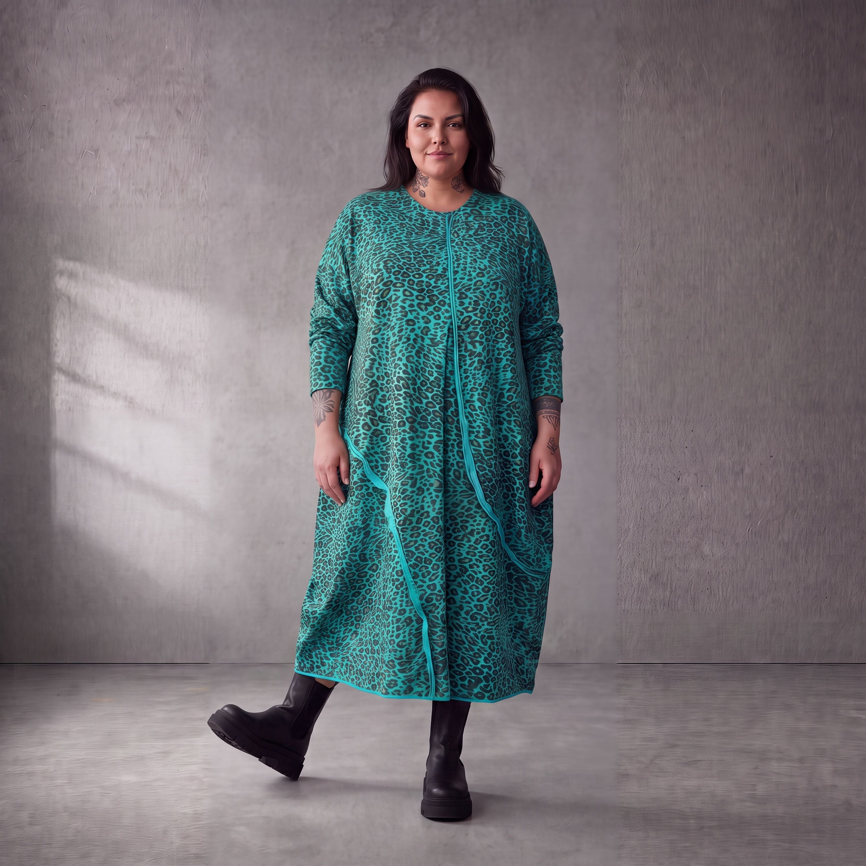 Damen Kleid Lagenlook Baumwolle Türkis/Braun, Ballonschnitt, Seitentaschen, Oversize große Größen – Funky Diva