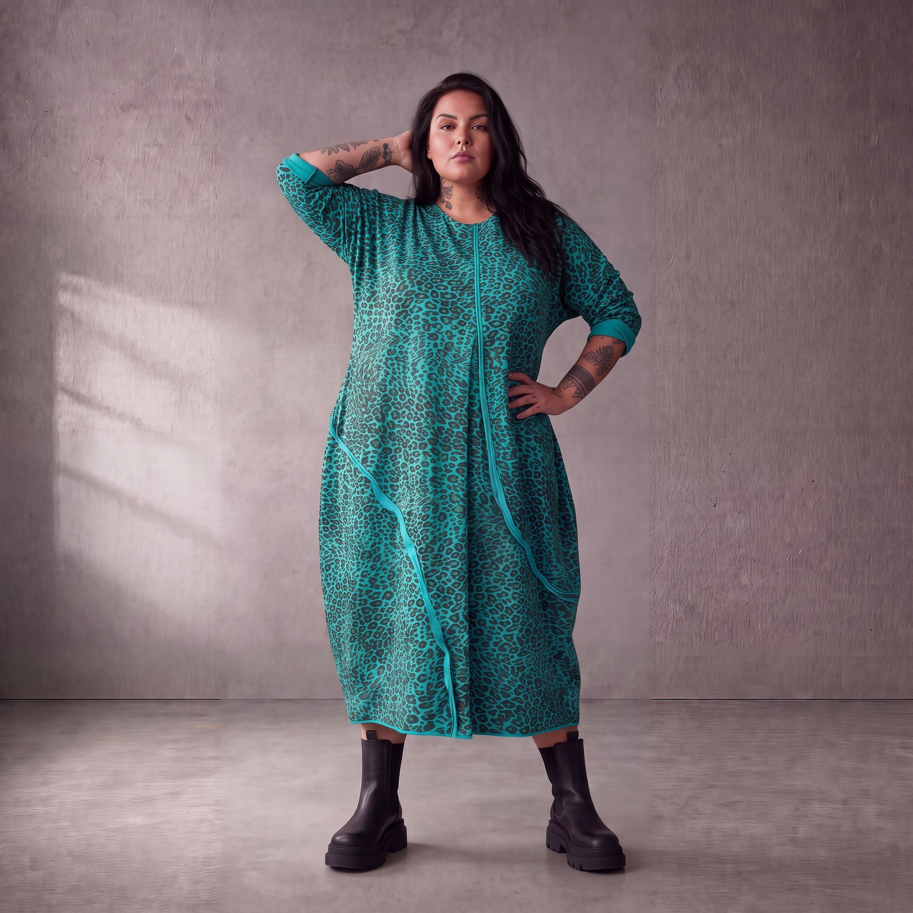 Damen Kleid Lagenlook Baumwolle Türkis/Braun, Ballonschnitt, Seitentaschen, Oversize große Größen – Funky Diva