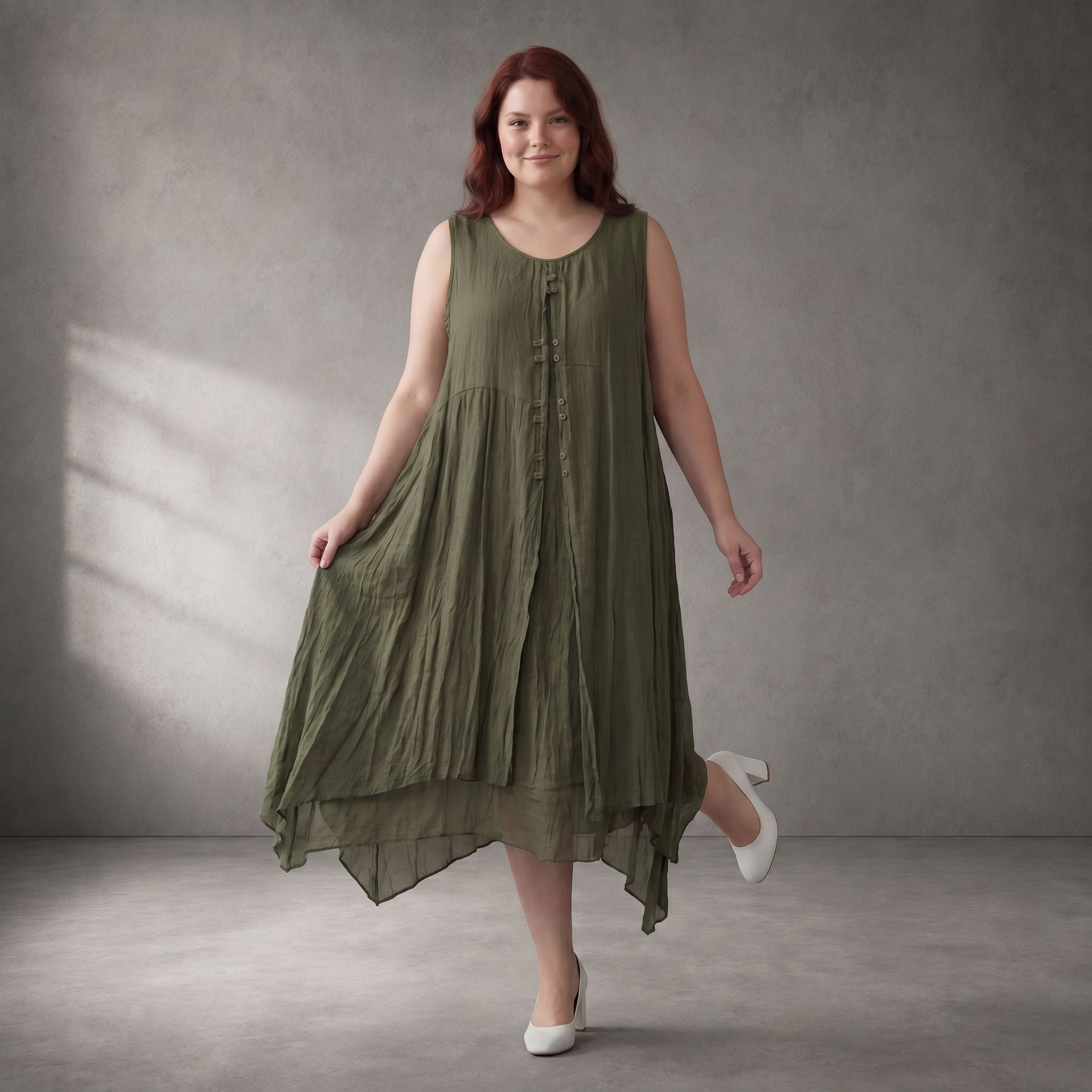 Fliessende Khaki Tunika Lagenlook Oversize leger luftig weich bequem zeitlos mit Taschen