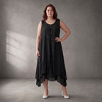 Schwarze Oversize Tunika im Lagenlook luftig fliessend zeitlos leger weich mit Taschen