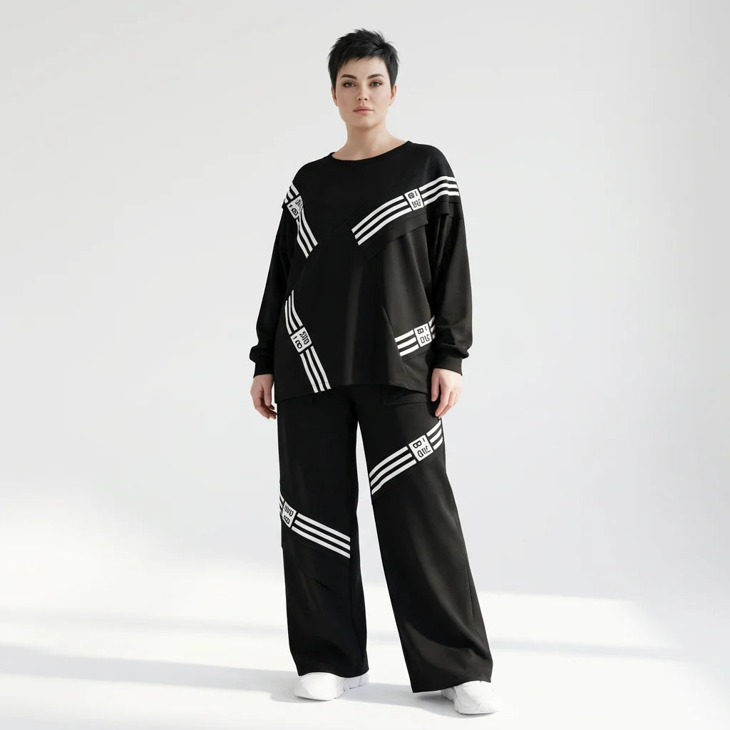 Zweiteiler im Oversize-Design aus French Terry mit Printdetails in Schwarz-Weiß von B-One – jetzt bei Modeare entdecken