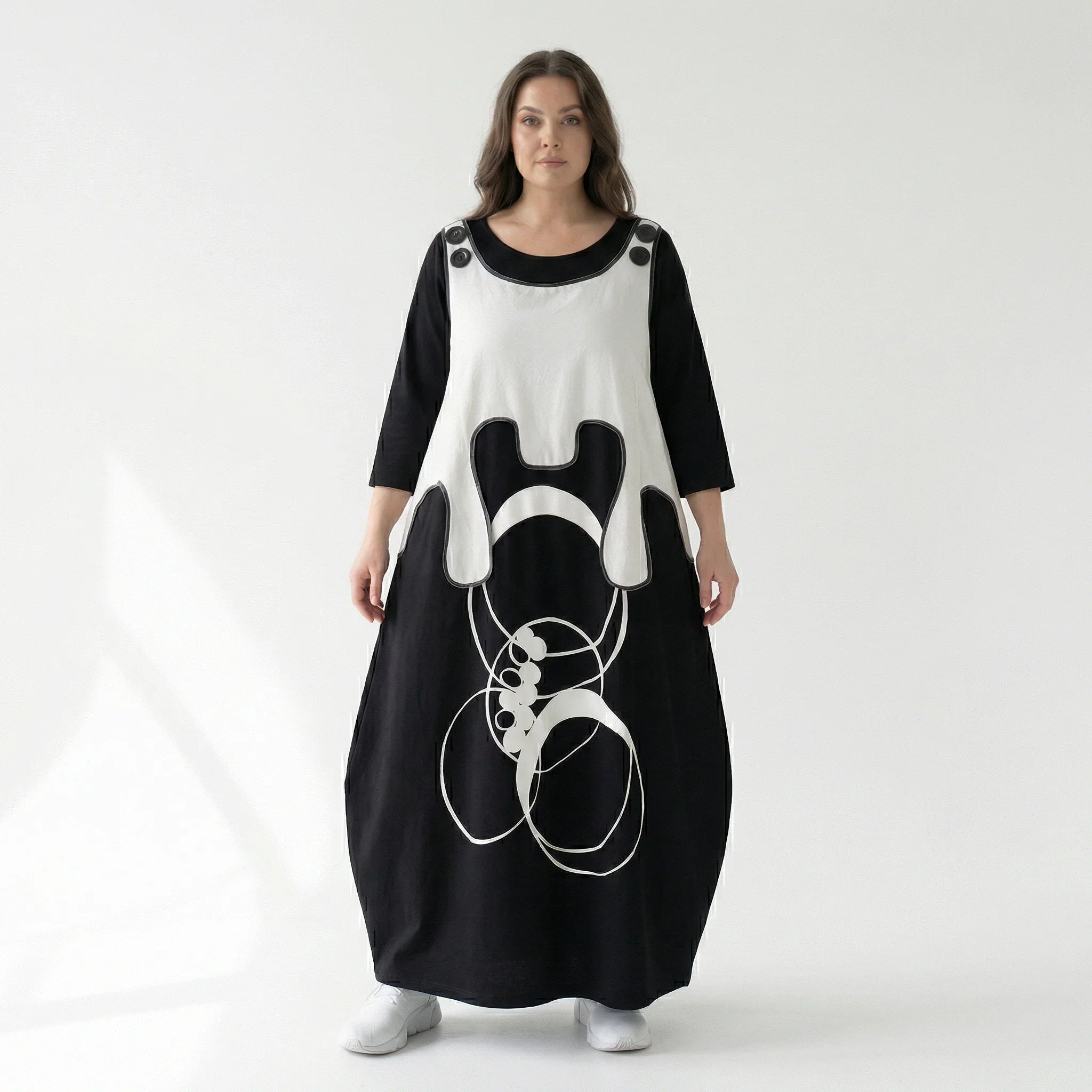 Cadrelli Maxikleid in Schwarz-Weiß mit Kunst-Print & French Terry – Avantgarde Damenmode bei Modeare entdecken
