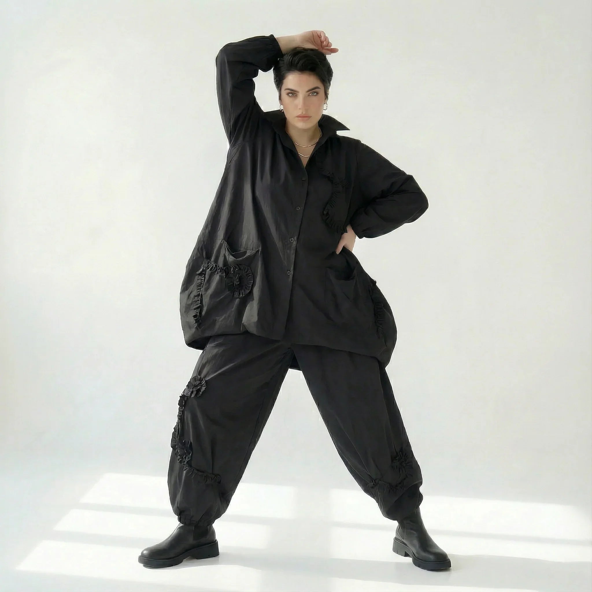 Schwarze Oversize Jacke Damen Avantgarde Lagenlook Polyester Frühjahr Sommer Caraclan bei Modeare