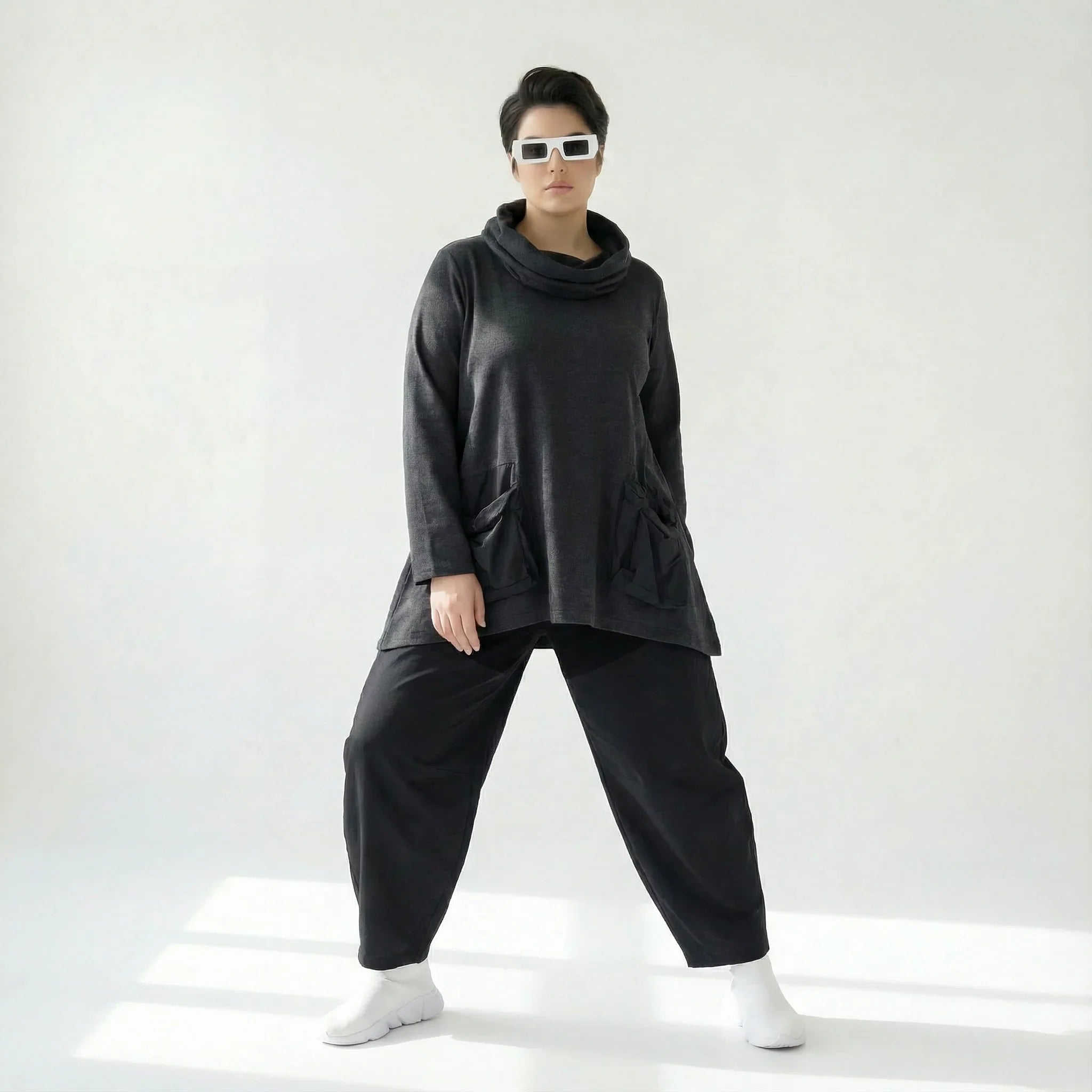 Oversize Tunika Damen A-Form Übergang warm meliert Baumwolle Caraclan Modeare Avantgarde Lagenlook Stil