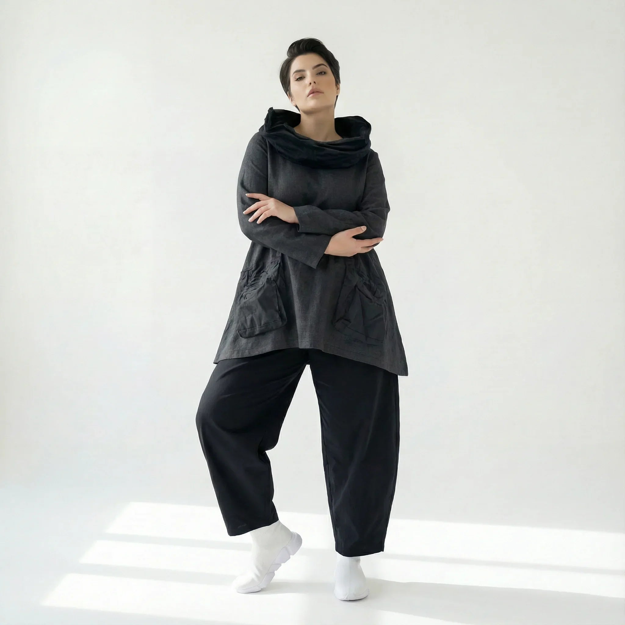 Oversize Tunika Damen A-Form Übergang warm meliert Baumwolle Caraclan Modeare Avantgarde Lagenlook Stil
