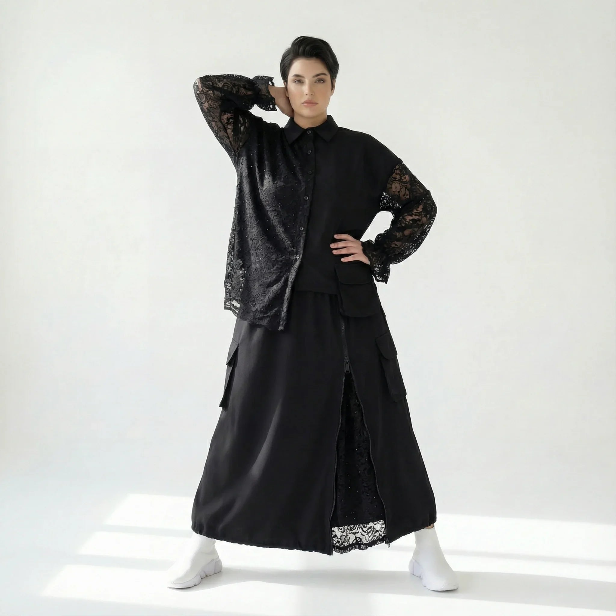 Trieste Oversize-Set mit Spitze: Schwarze Popeline-Bluse & Lagenrock – bei Modeare entdecken
