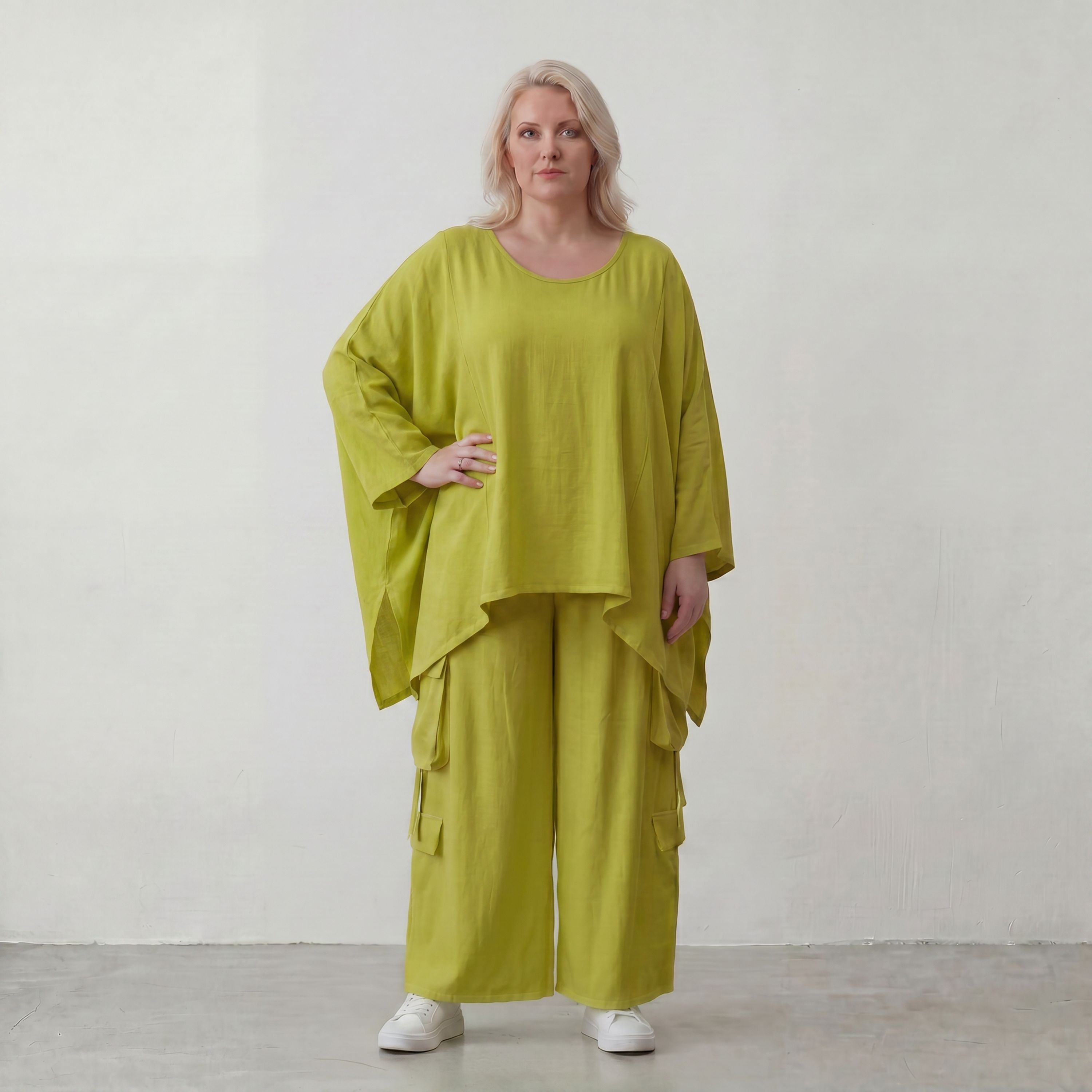 Apfelgrün Oversize Shirt im Lagenlook leger ausgefallen mit Leinenoptik luftig asymmetrisch