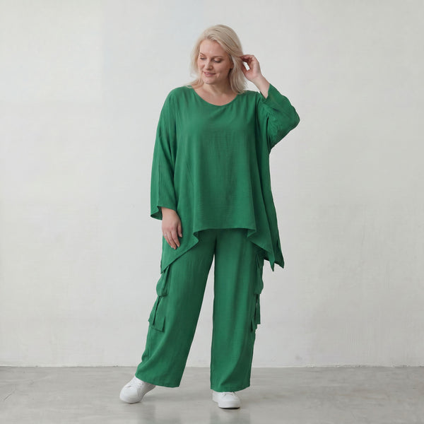 Locker fallendes Oversize Lagenlook Shirt in Smaragdgrün mit Leinenoptik modern zeitlos