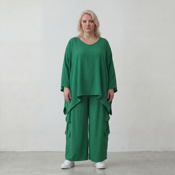 Locker fallendes Oversize Lagenlook Shirt in Smaragdgrün mit Leinenoptik modern zeitlos