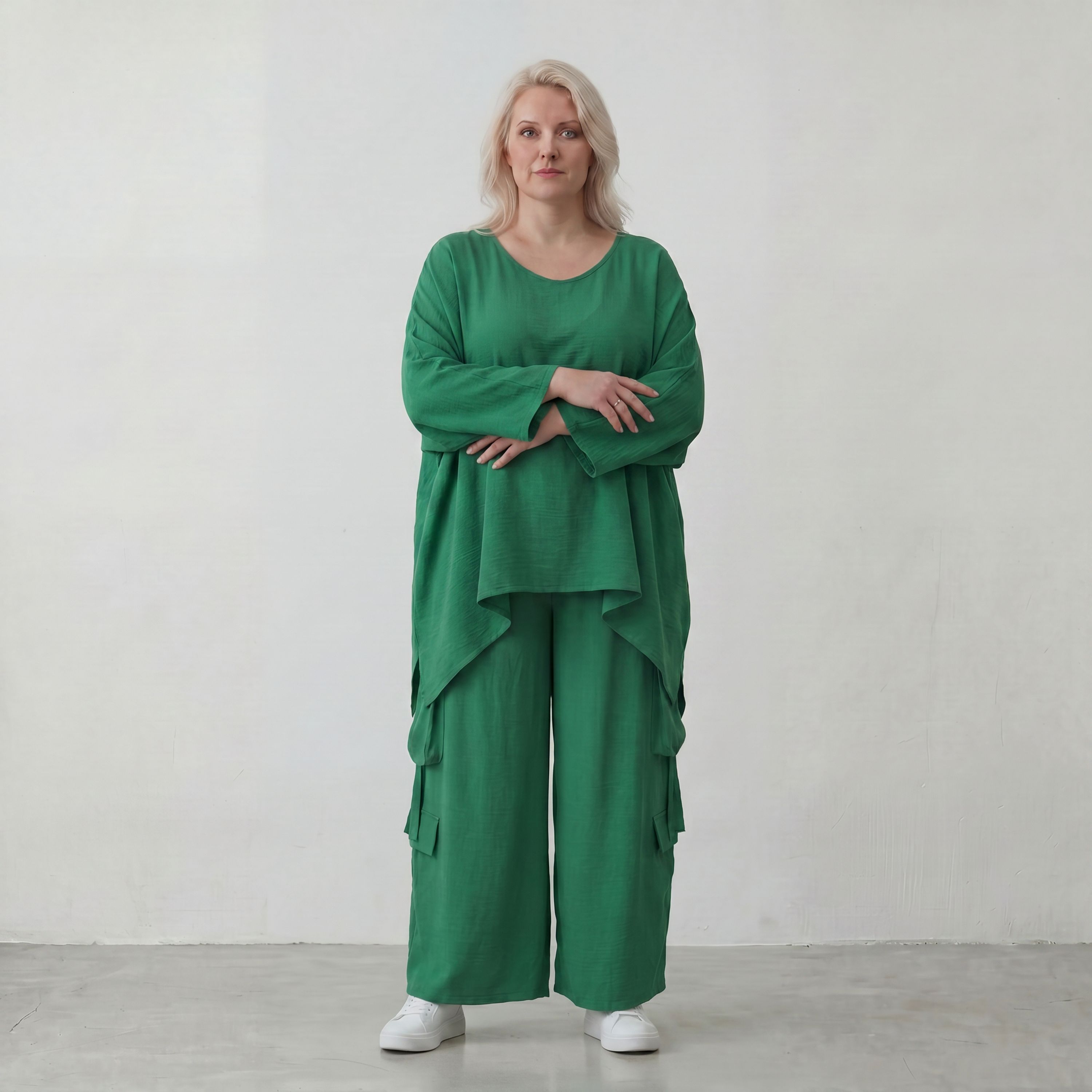 Locker fallendes Oversize Lagenlook Shirt in Smaragdgrün mit Leinenoptik modern zeitlos