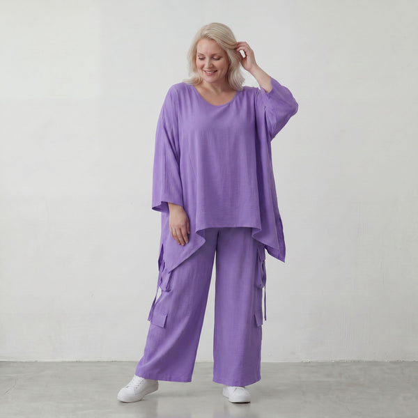 Flieder Oversize Shirt in Leinenoptik entspannt besonders mit Lagenlook Vokuhila Schnitt
