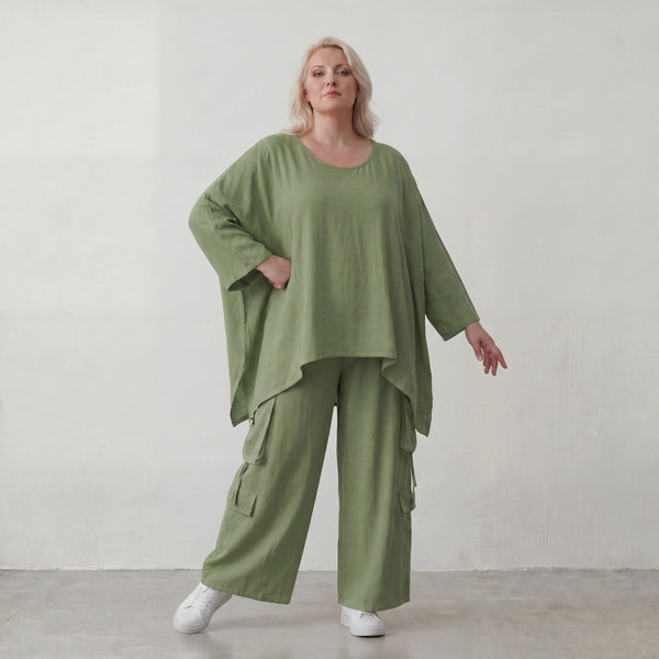 Khaki Oversize Shirt im Lagenlook leger ausgefallen mit Crash Optik zeitlos chic luftig