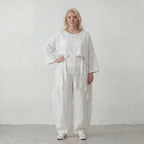 Weißer Oversize Überwurf im Lagenlook leger zeitlos luftig mit Fransen Crashoptik leicht