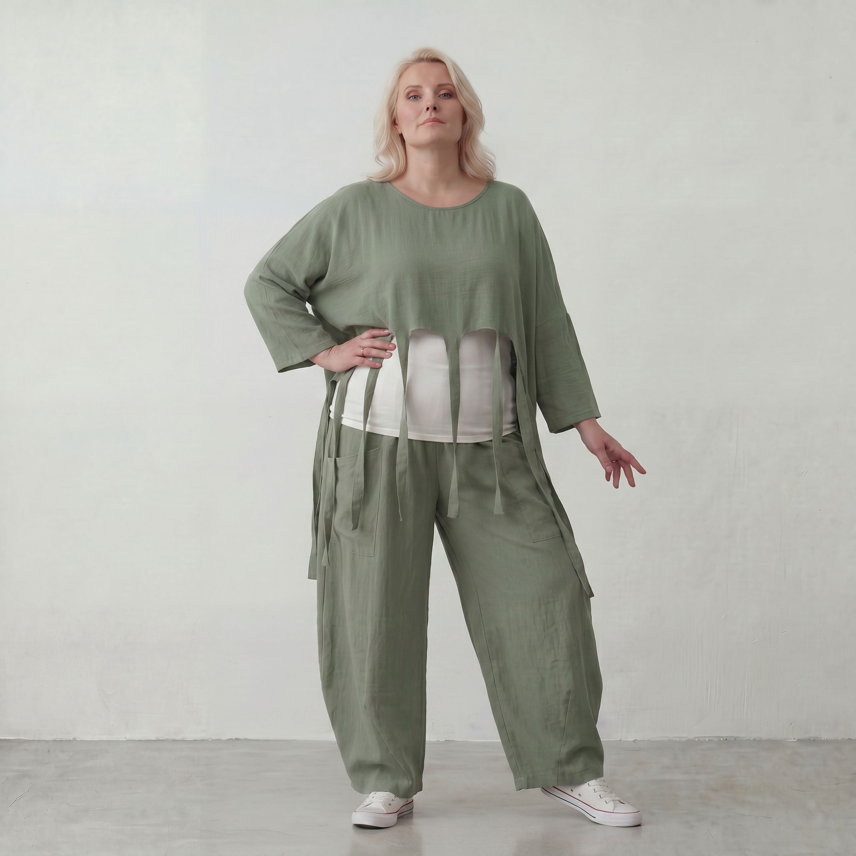 Luftiger Khaki Lagenlook Überwurf in Leinenoptik Oversize leger zeitlos elegant und fein