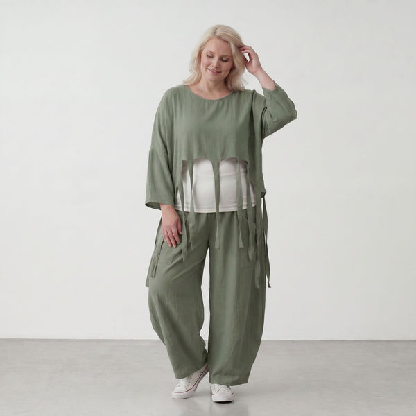 Luftiger Khaki Lagenlook Überwurf in Leinenoptik Oversize leger zeitlos elegant und fein