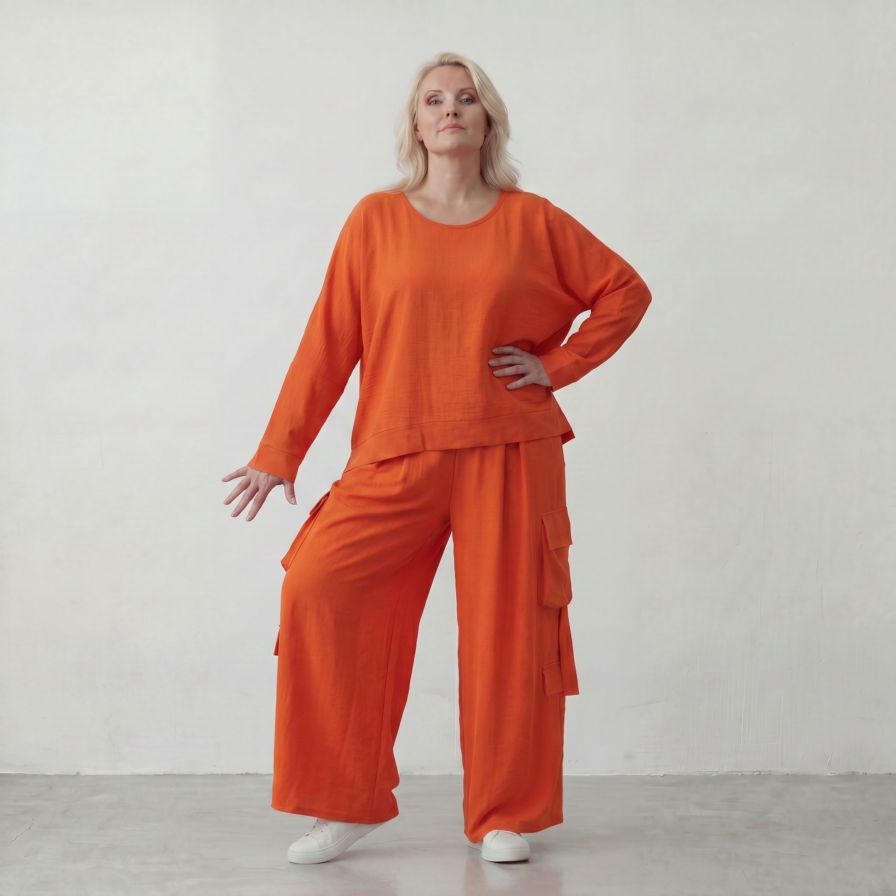 Ballonhose Hellrot fliessend im Lagenlook locker Oversize mit Leinenoptik Crashstruktur
