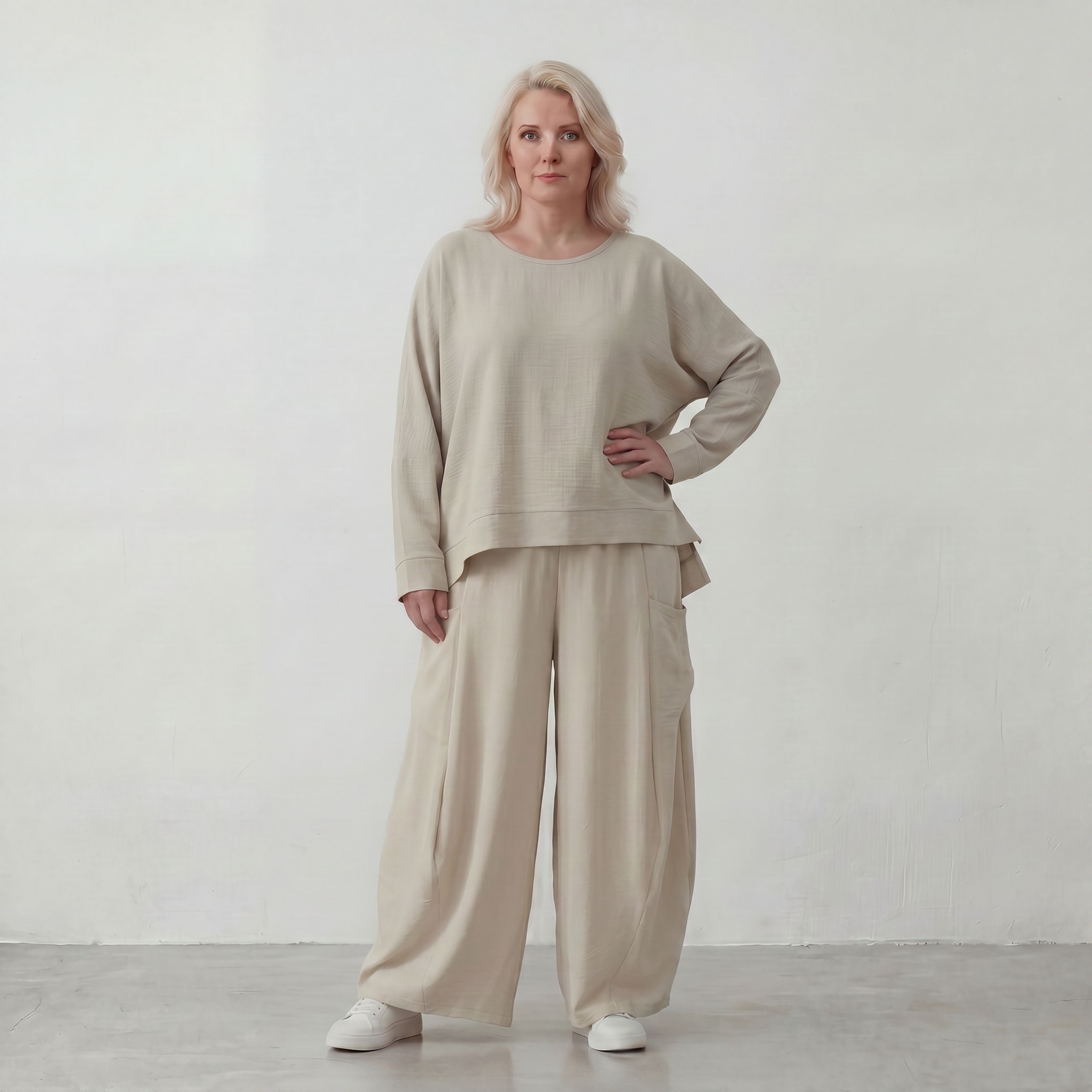 Moderner Beigelagenlook Oversize Ueberwurf aus Leinenmix locker leicht und fein elegant