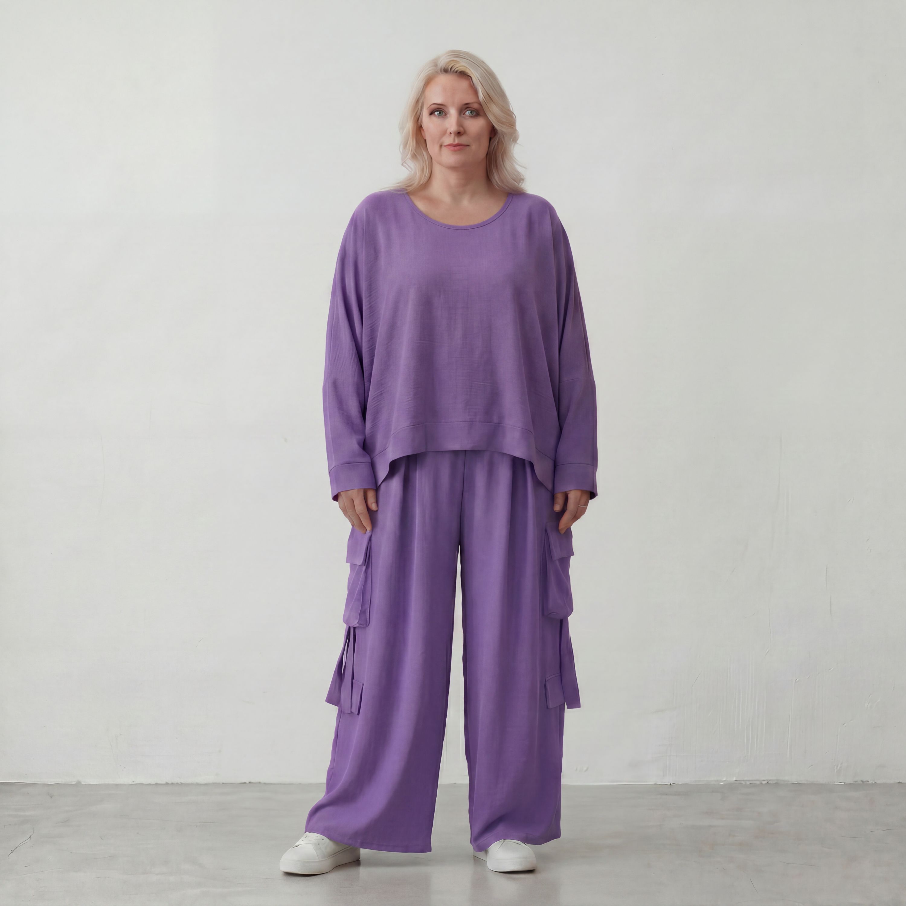 Flieder Ballonhose im Lagenlook Oversize leger zeitlos mit Leinenmix Knitteroptik leicht
