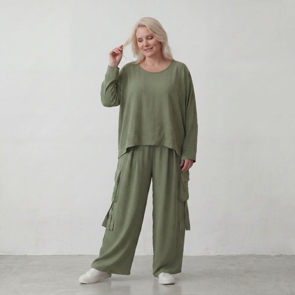 Khaki Ballonhose Lagenlook Oversize luftig ausgefallen zeitlos Fransen Leinenmix Sommer